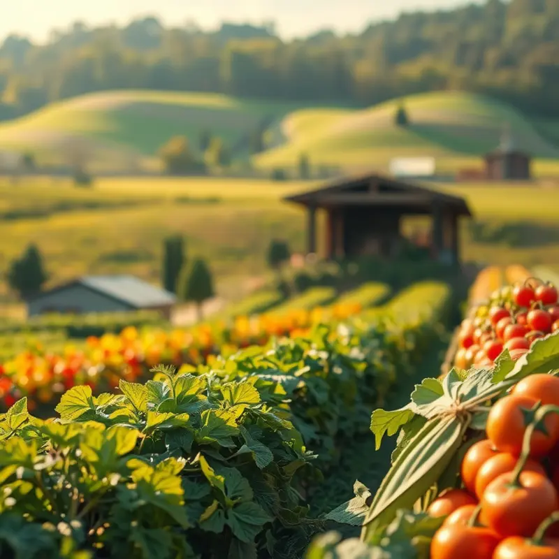 A vibrant sunlit field overflowing with fresh fruits and vegetables.