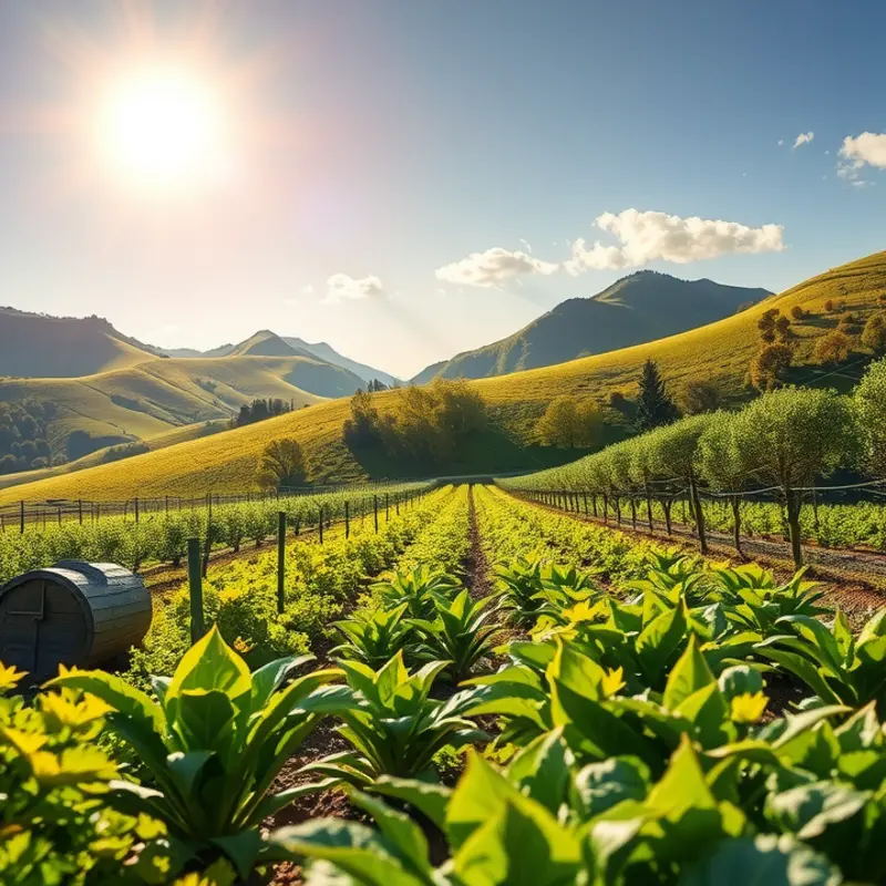 A vibrant sunlit field showcasing an abundance of fresh vegetables and fruits.