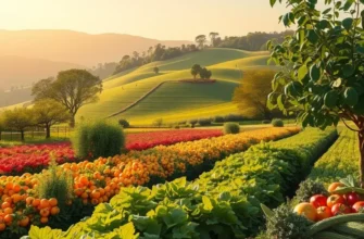 A sunlit field with vibrant vegetables and fruits growing among greenery.