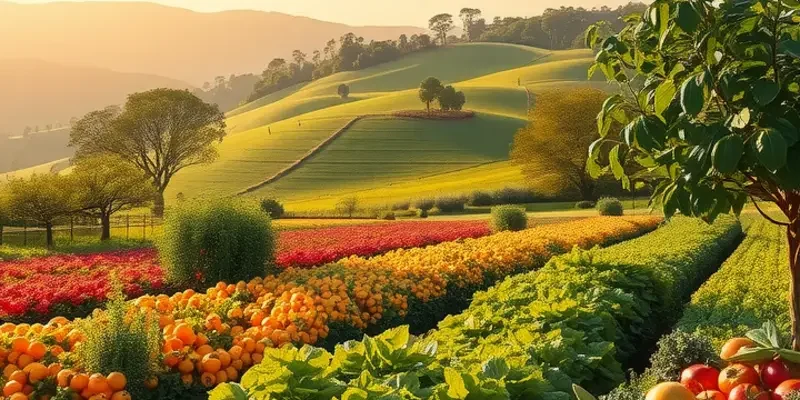 A sunlit field with vibrant vegetables and fruits growing among greenery.