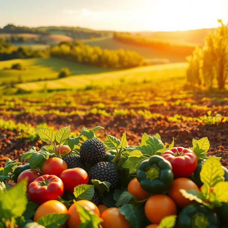 A sunlit field bursting with fresh vegetables and vibrant fruits.