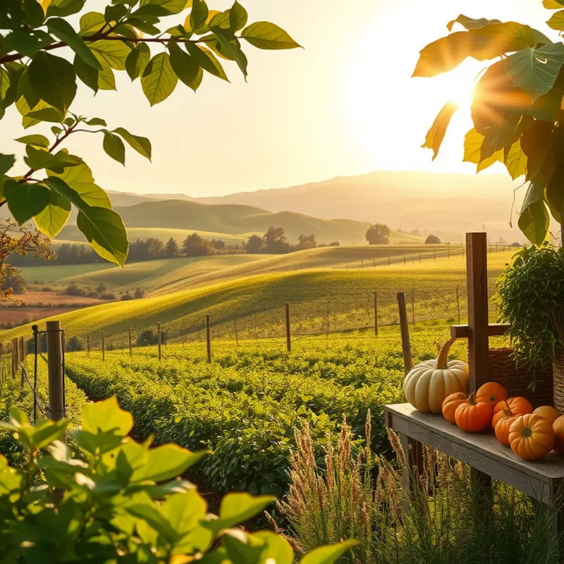 A sunlit field showcasing vibrant vegetables and fruits.