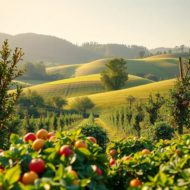 A vibrant sunlit field bursting with organic vegetables and fruits.