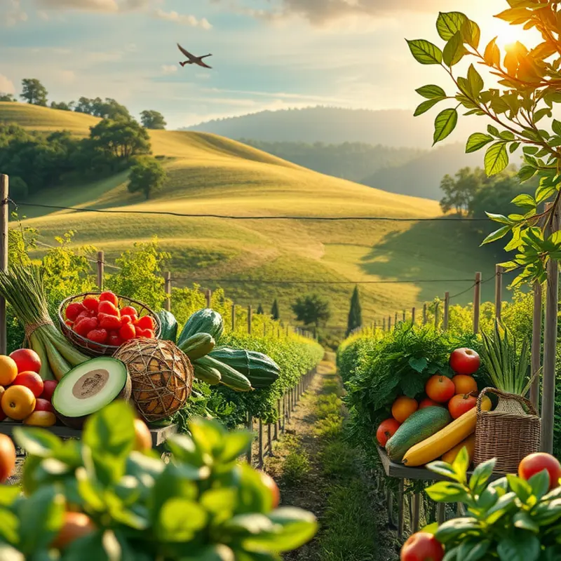 A serene sunlit field showcasing lush vegetables and fruits.
