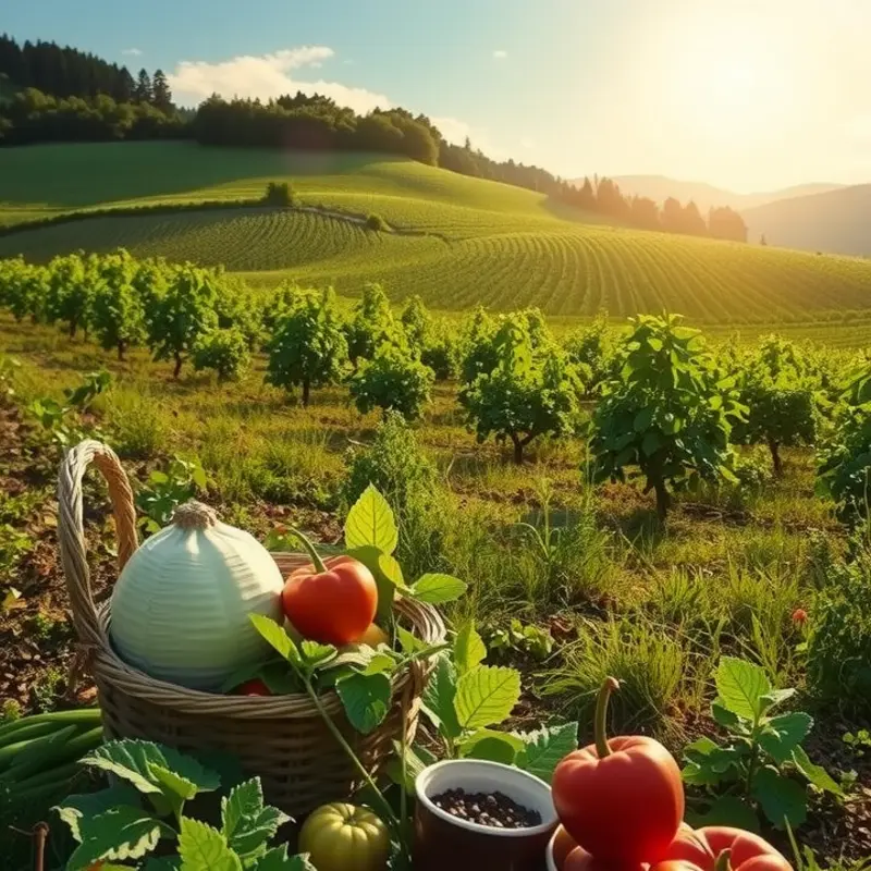 A sunlit field filled with fresh vegetables and fruits, epitomizing healthy eating.