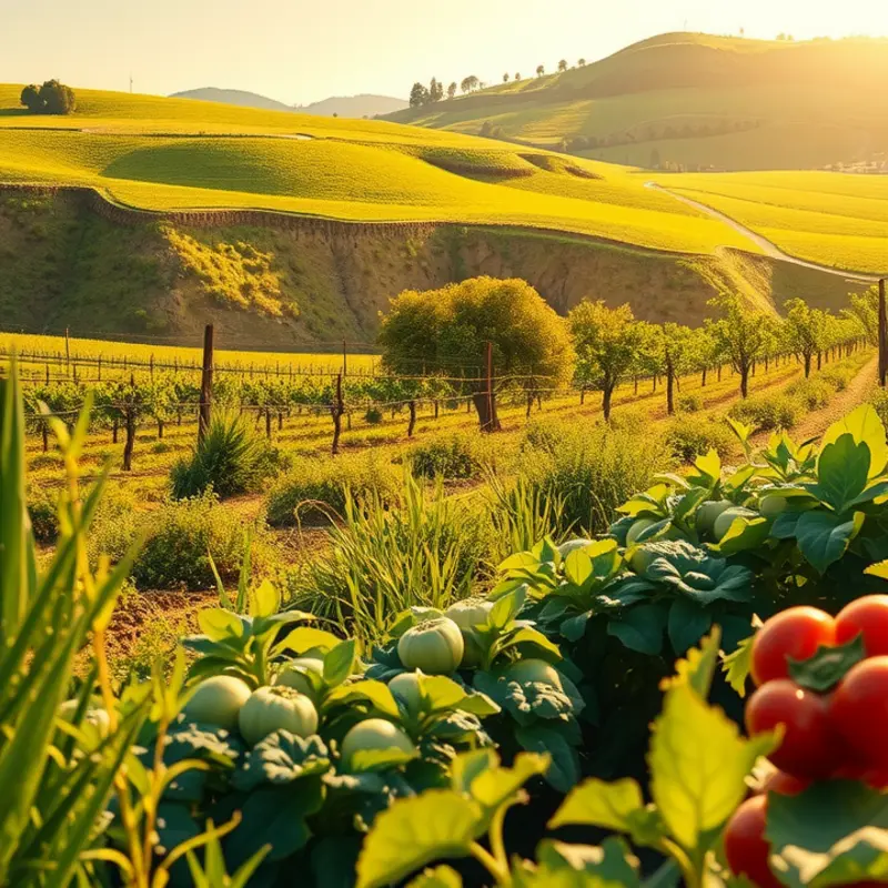 A vibrant sunlit field showcasing lush organic vegetables and fruits.