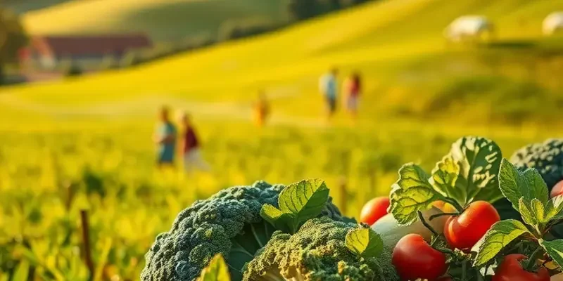 A scenic orchard filled with an abundance of fresh organic fruits and vegetables basking in sunlight.