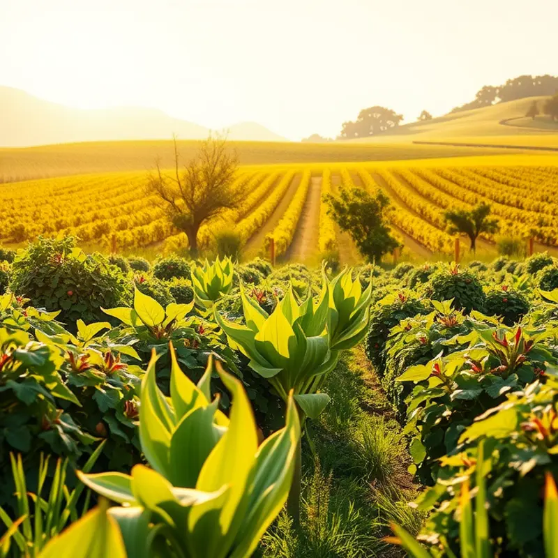 A colorful orchard abundant with fruits under soft sunlight.