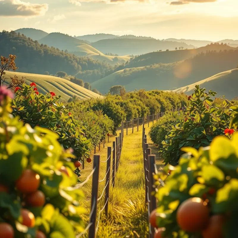A vibrant fruit orchard filled with fresh produce under warm sunlight.