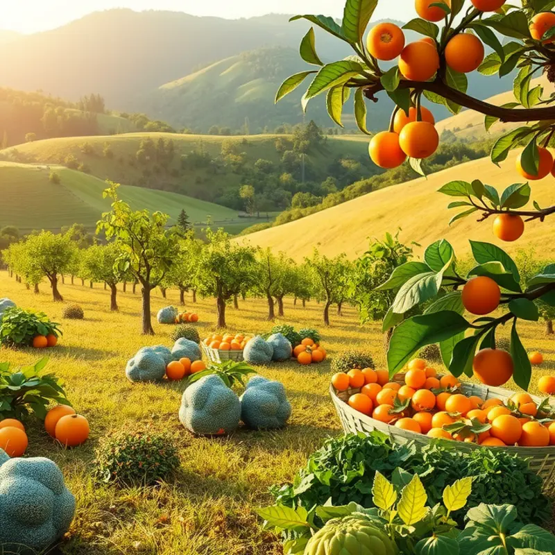 A serene sunlit field bursting with vibrant, organic fruits and vegetables.