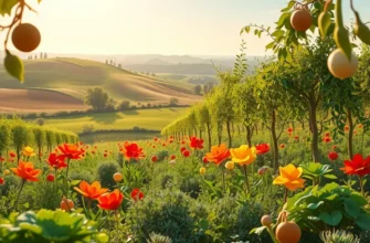 Lush garden with various organic fruits and vegetables growing in a natural landscape.