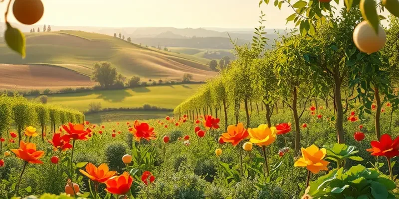 Lush garden with various organic fruits and vegetables growing in a natural landscape.