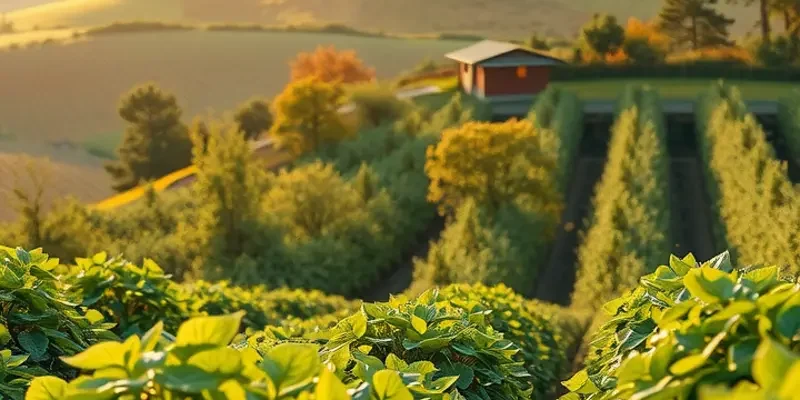 A scenic overview of a garden filled with organically grown fruits and vegetables.