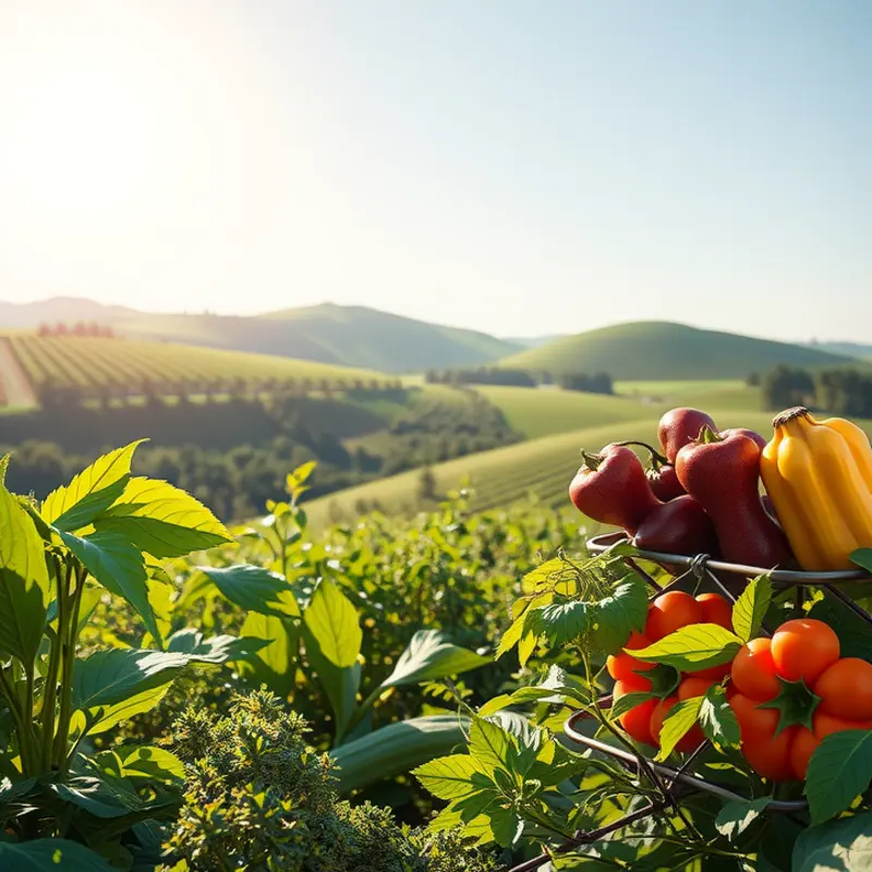 A vibrant sunlit garden brimming with fresh vegetables and fruits.