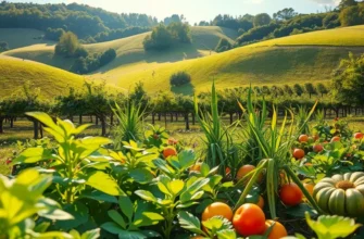 A serene sunlit landscape filled with organic vegetables and fruits, emphasizing the beauty of nature.