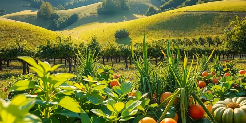 A serene sunlit landscape filled with organic vegetables and fruits, emphasizing the beauty of nature.