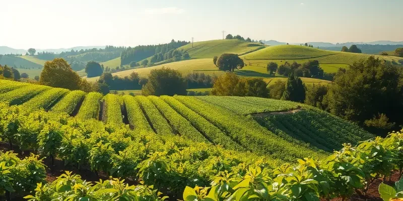 A serene sunlit orchard filled with vibrant vegetables and fruits amidst lush greenery.