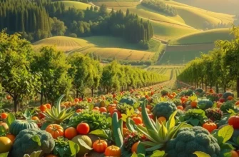 Photorealistic landscape of a harvest field brimming with healthy vegetables and fruits.