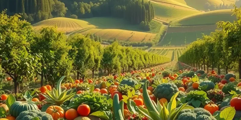 Photorealistic landscape of a harvest field brimming with healthy vegetables and fruits.