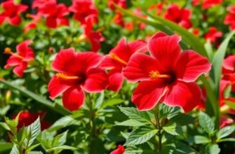 A lush sunlit field bursting with vibrant hibiscus flowers and greenery.