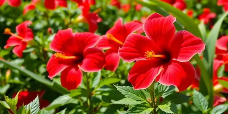 A lush sunlit field bursting with vibrant hibiscus flowers and greenery.