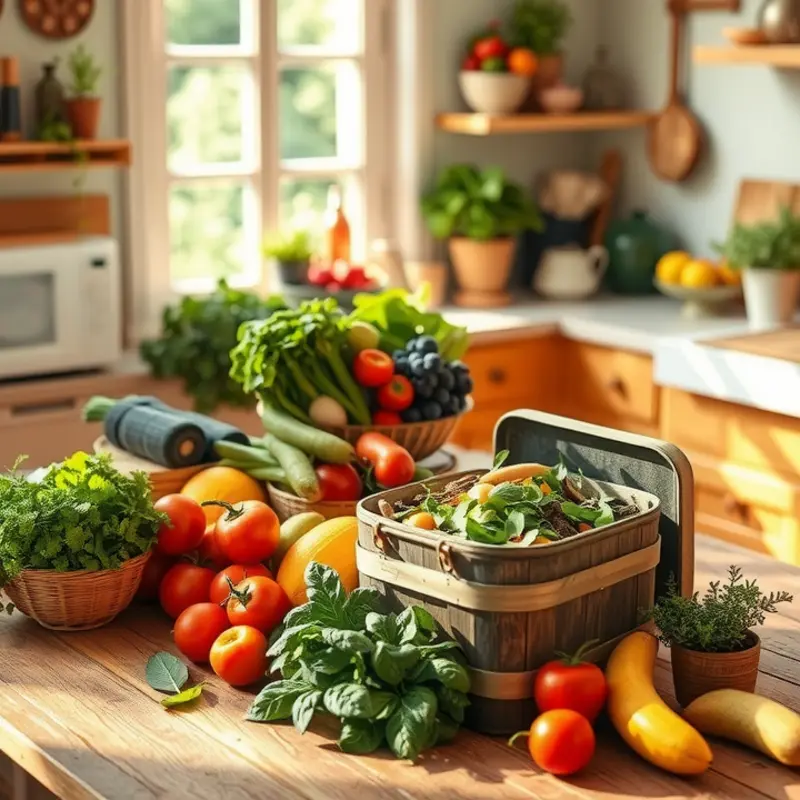 A vibrant kitchen setting with composting materials, showcasing the beauty of organic food management.