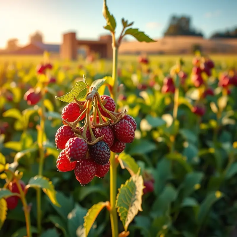 A sunlit field showcasing vibrant mulberries growing naturally in lush greenery.
