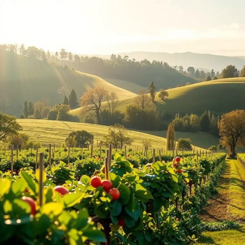 A sunlit landscape featuring lush greenery and vibrant organic produce.