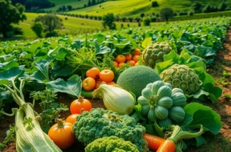 Photorealistic landscape featuring organic produce in a sunny field, portraying freshness.