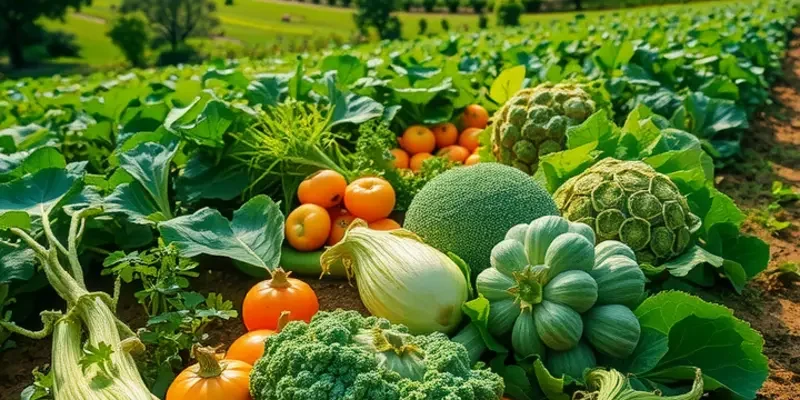 Photorealistic landscape featuring organic produce in a sunny field, portraying freshness.