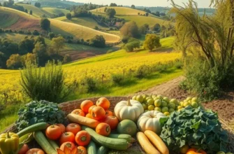 A scenic view of an orchard filled with colorful fruits and vegetables, representing healthy living.