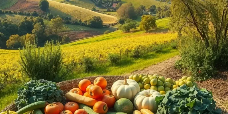 A scenic view of an orchard filled with colorful fruits and vegetables, representing healthy living.