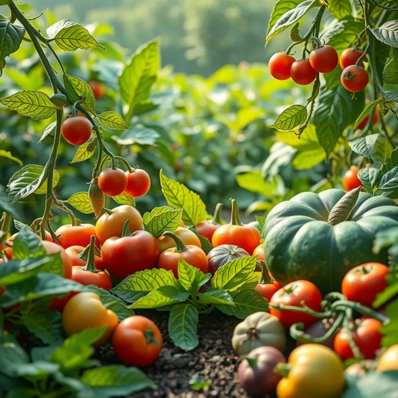 A sunlit field showcasing vibrant vegetables and fruits in lush greenery.
