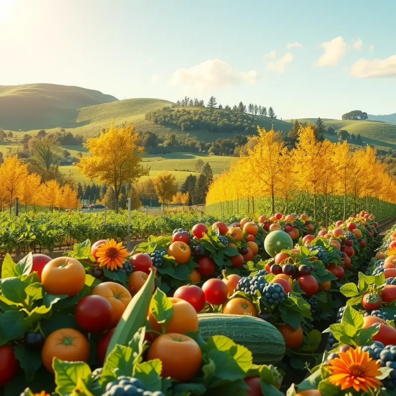 A beautiful sunlit field showcasing vibrant, fresh organic produce.