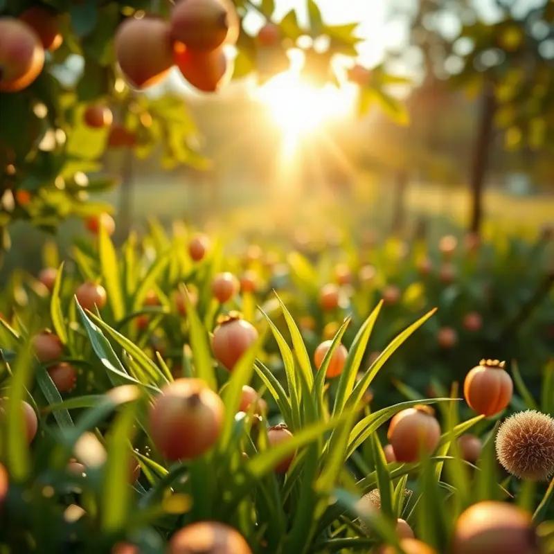 A vibrant sunlit orchard showcasing the abundance of organic nuts and seeds.