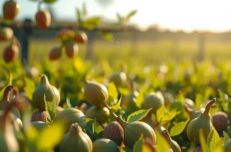 A rich and vibrant sunlit orchard displaying organic nuts and seeds among lush greenery.