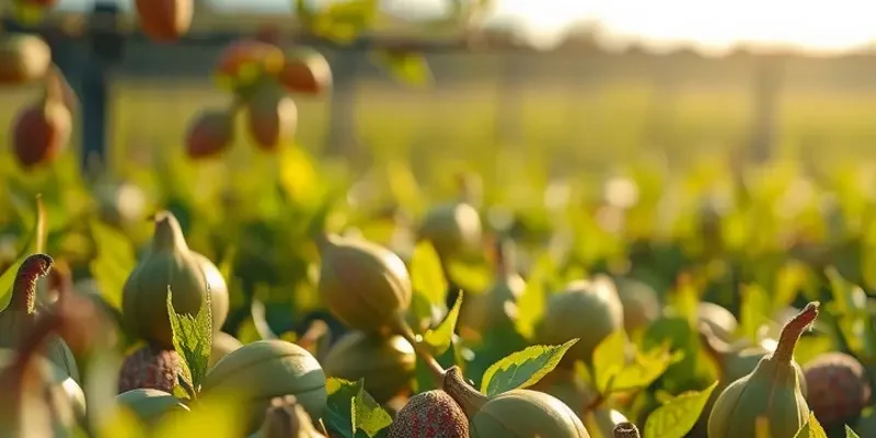 A rich and vibrant sunlit orchard displaying organic nuts and seeds among lush greenery.