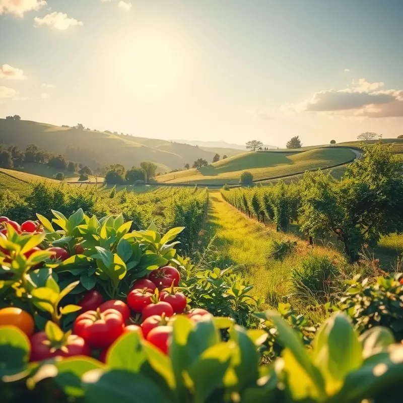 A vibrant, sunlit landscape representing the freshness of organic fruits and vegetables.