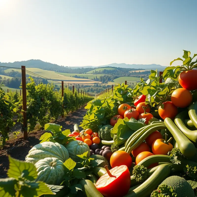 A bountiful orchard showcasing vibrant vegetables and fruits in the sunlight.
