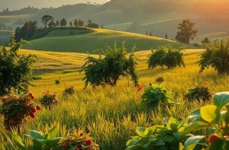 A vibrant orchard under sunlight, filled with various organic produce, symbolizing freshness and quality.