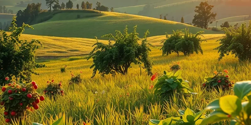 A vibrant orchard under sunlight, filled with various organic produce, symbolizing freshness and quality.