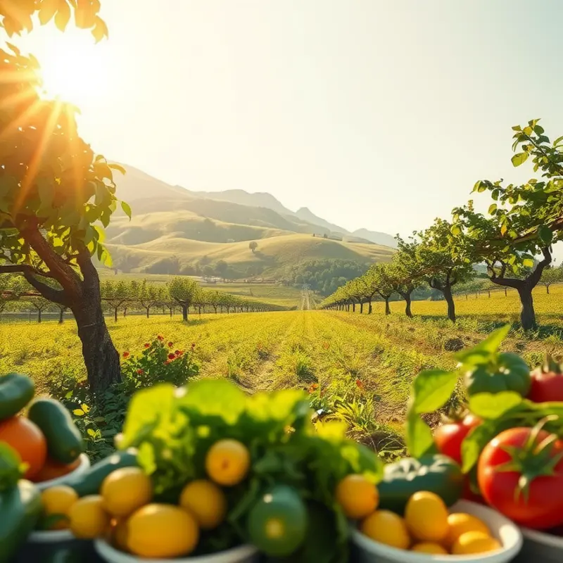 A vibrant and fresh sunlit orchard showcasing an abundance of organic vegetables and fruits.