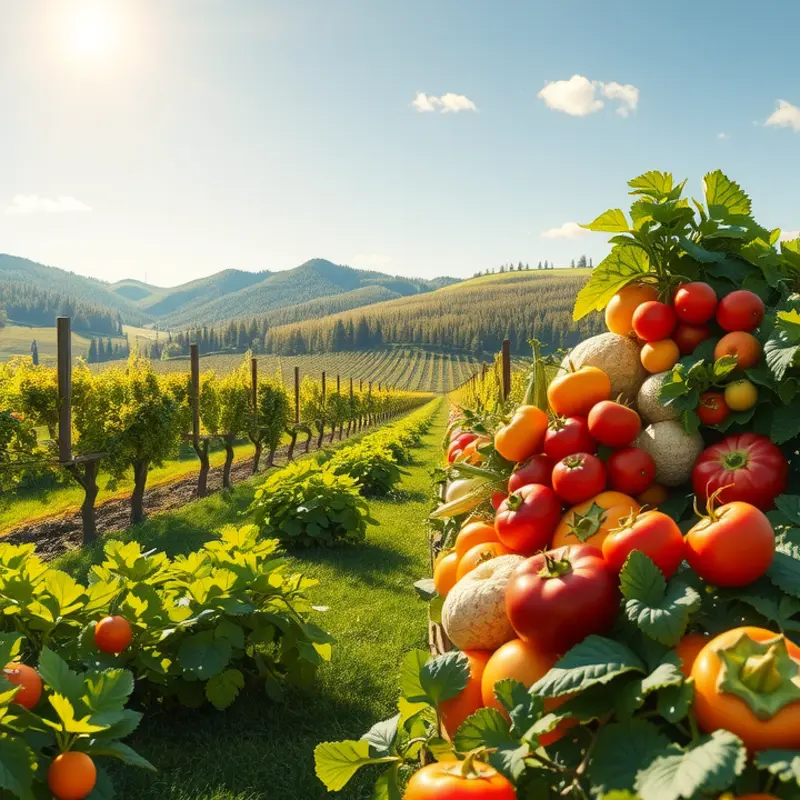 A bountiful orchard showcasing vibrant vegetables and fruits in the sunlight.
