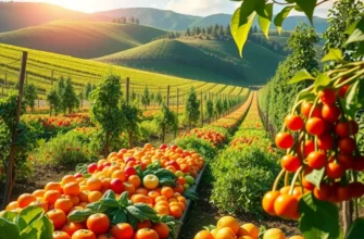 A scenic view of a sunlit orchard filled with fresh vegetables and fruits, surrounded by lush greenery.