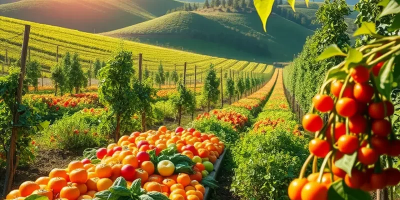 A scenic view of a sunlit orchard filled with fresh vegetables and fruits, surrounded by lush greenery.