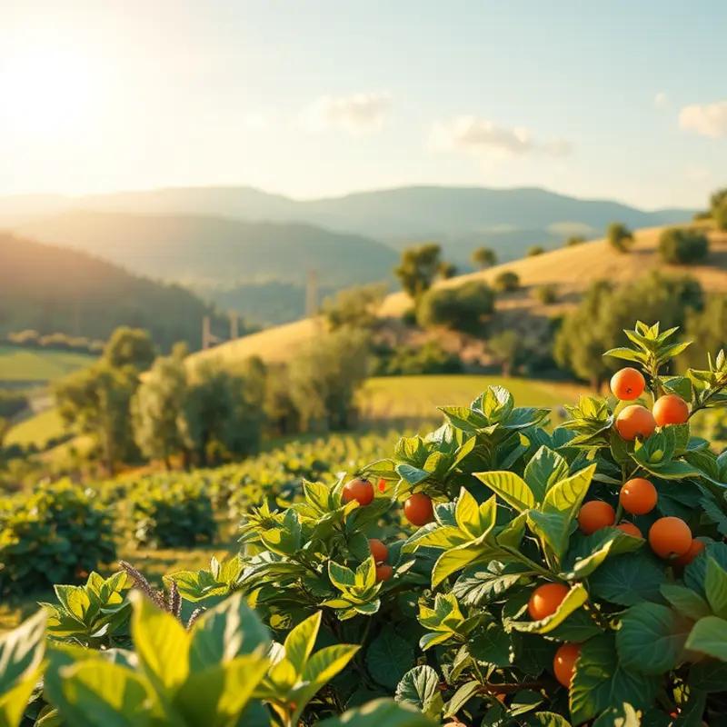 A lush sunlit orchard displaying vibrant organic fruits and vegetables.