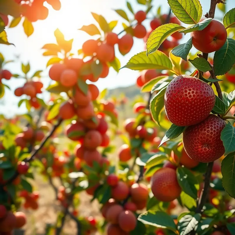 A sunlit orchard filled with vibrant fruits, highlighting the beauty of whole fruits.