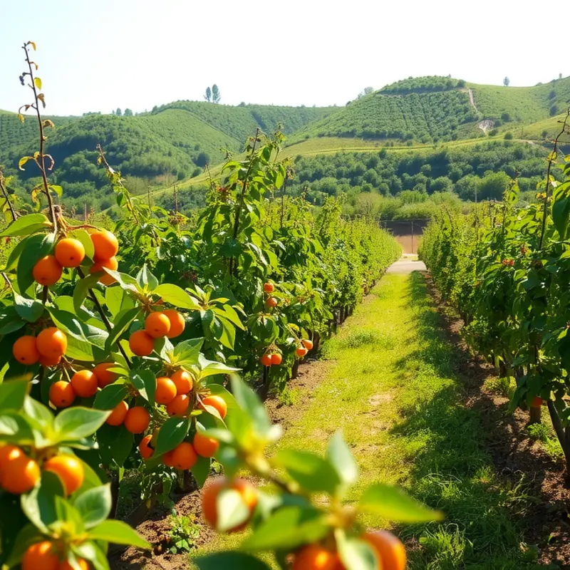 A scenic view of a sunlit orchard, showcasing the abundance of fresh produce.