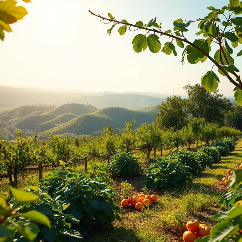 A scenic sundrenched orchard filled with fresh fruits and vegetables.