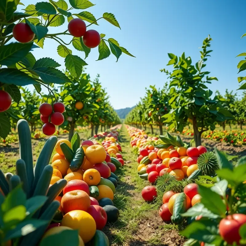 A sunlit orchard brimming with vibrant fruits and vegetables, symbolizing health and emotional nourishment.